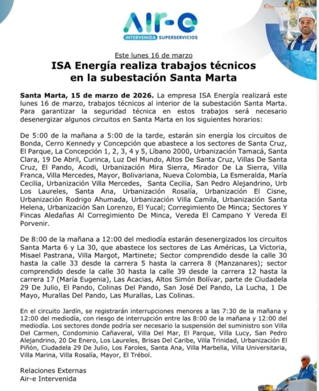 Otra vez cortes de luz en Santa Marta: anuncian suspensión del servicio este lunes