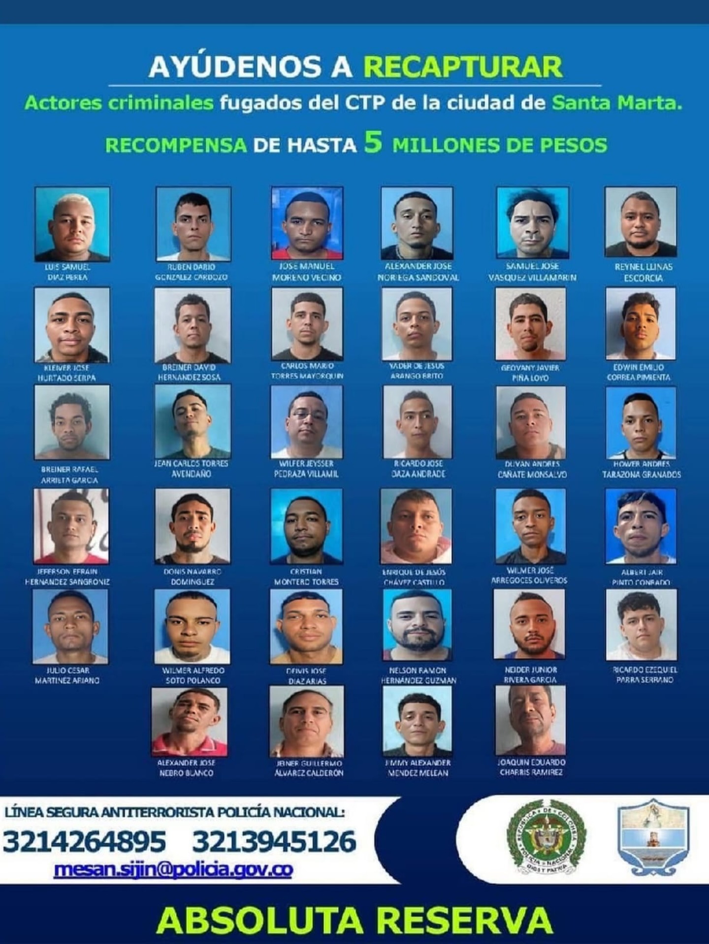 Revelan identidades de fugados del CTP en Santa Marta y ofrecen hasta $5 millones de recompensa a quien suministre información de sus paraderos