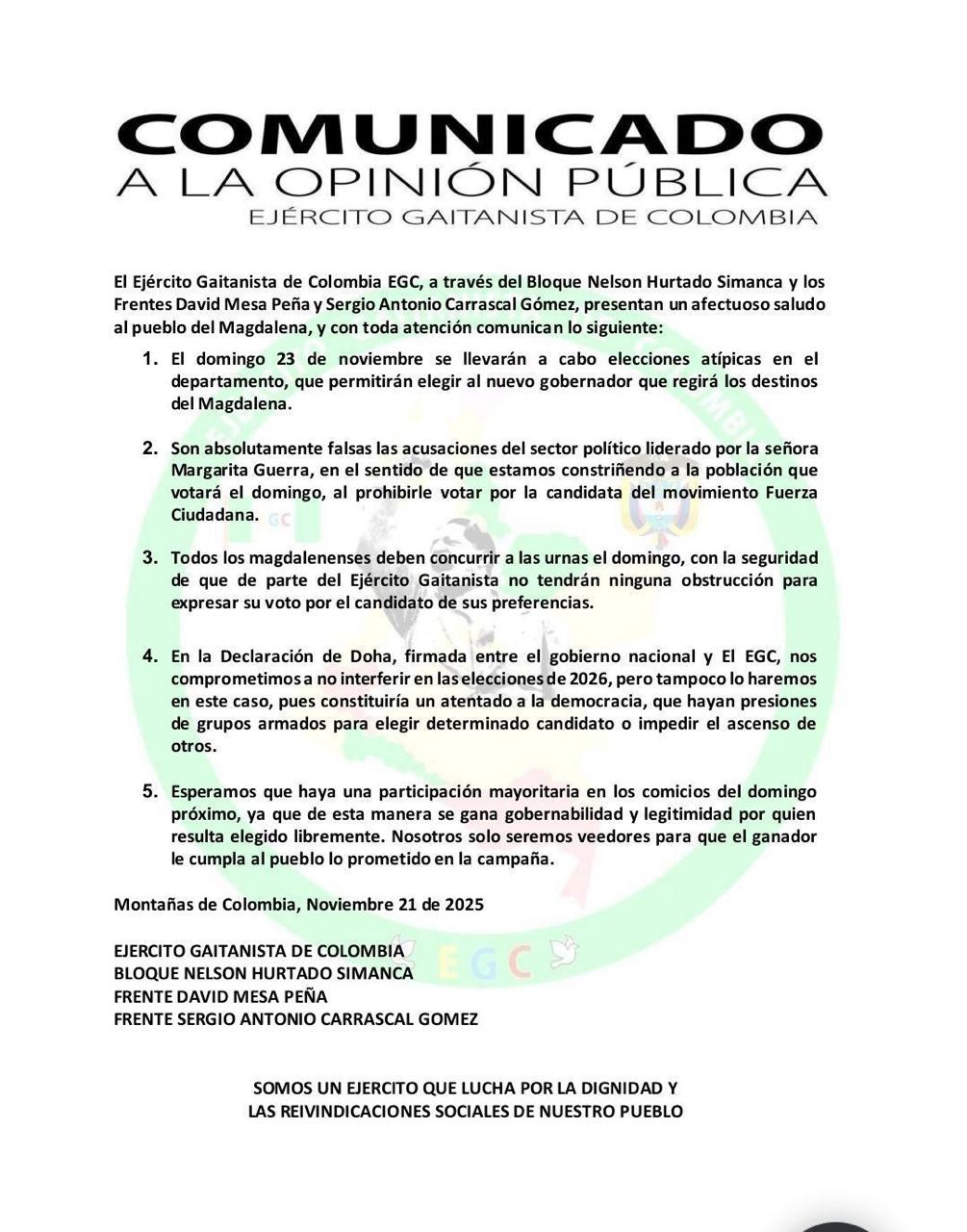 Clan del Golfo desmiente amenazas denunciadas por Margarita Guerra