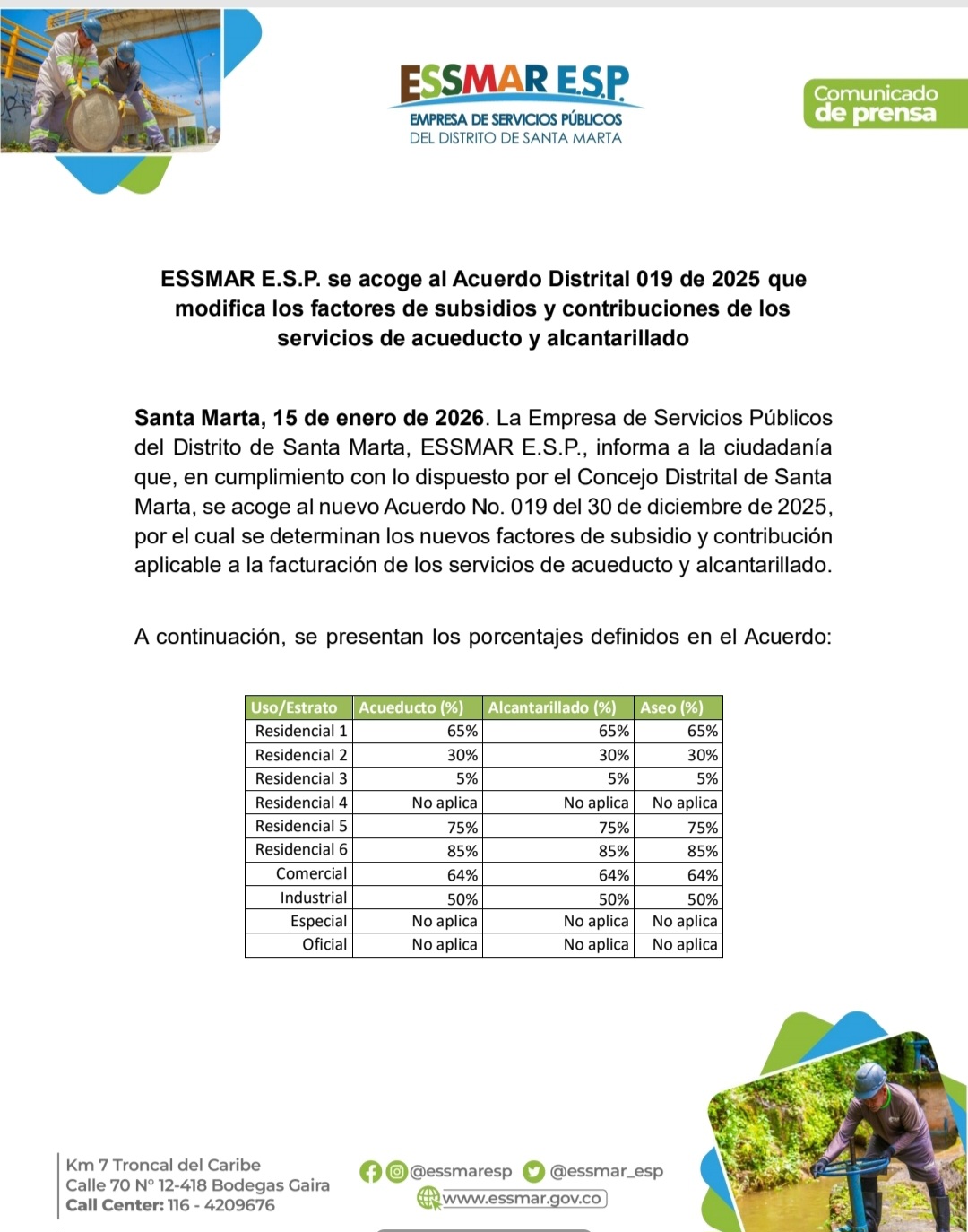 ESSMAR informa sobre nuevos factores de subsidios y contribuciones en servicios públicos