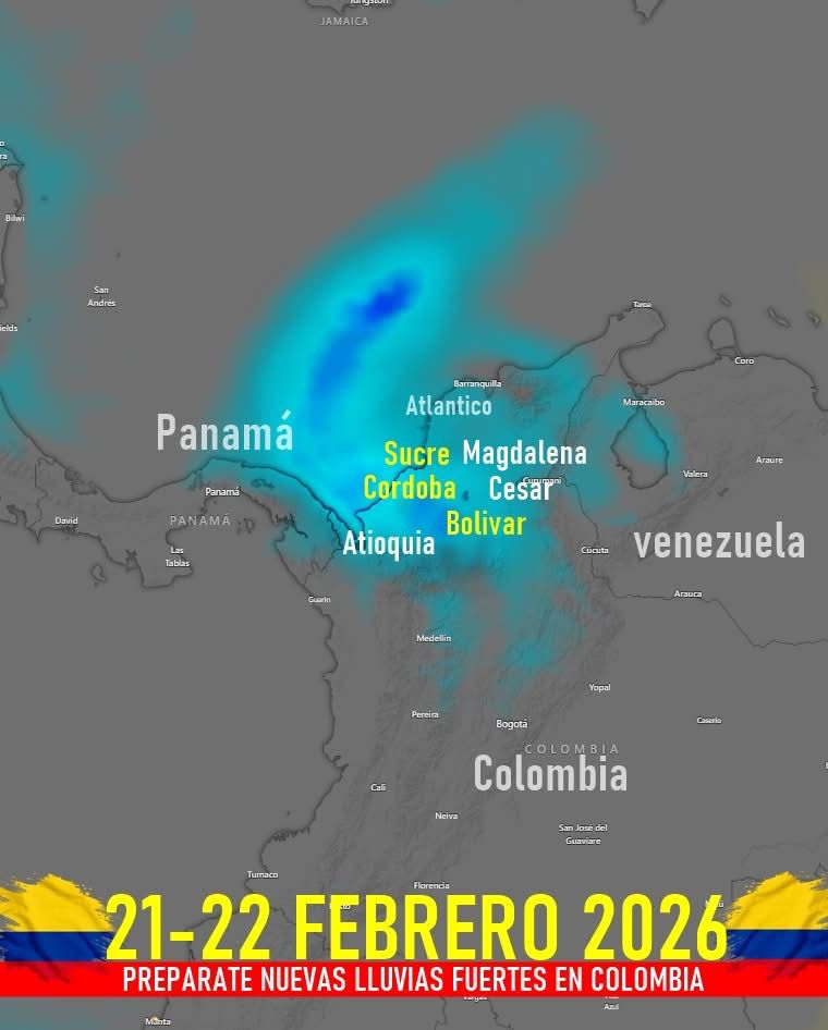 Un nuevo frente frío avanzará hacia el Caribe y favorecerá un período de lluvias significativas en Colombia entre el 22 y 25 de febrero de 2026